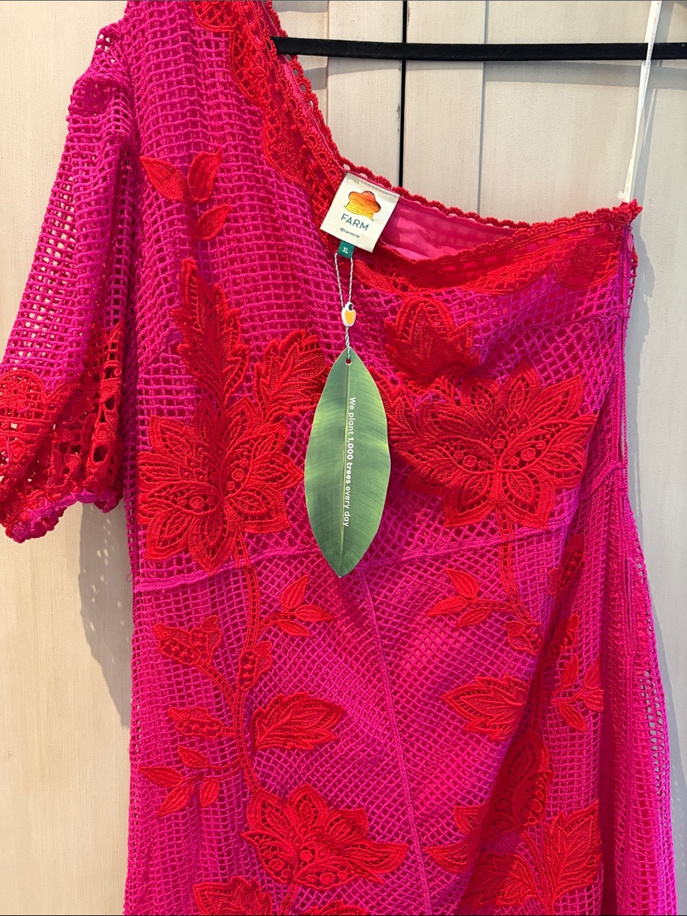 NWT XL FARM Rio One-Shoulder Hot Pink and Red Floral Lace Dress
